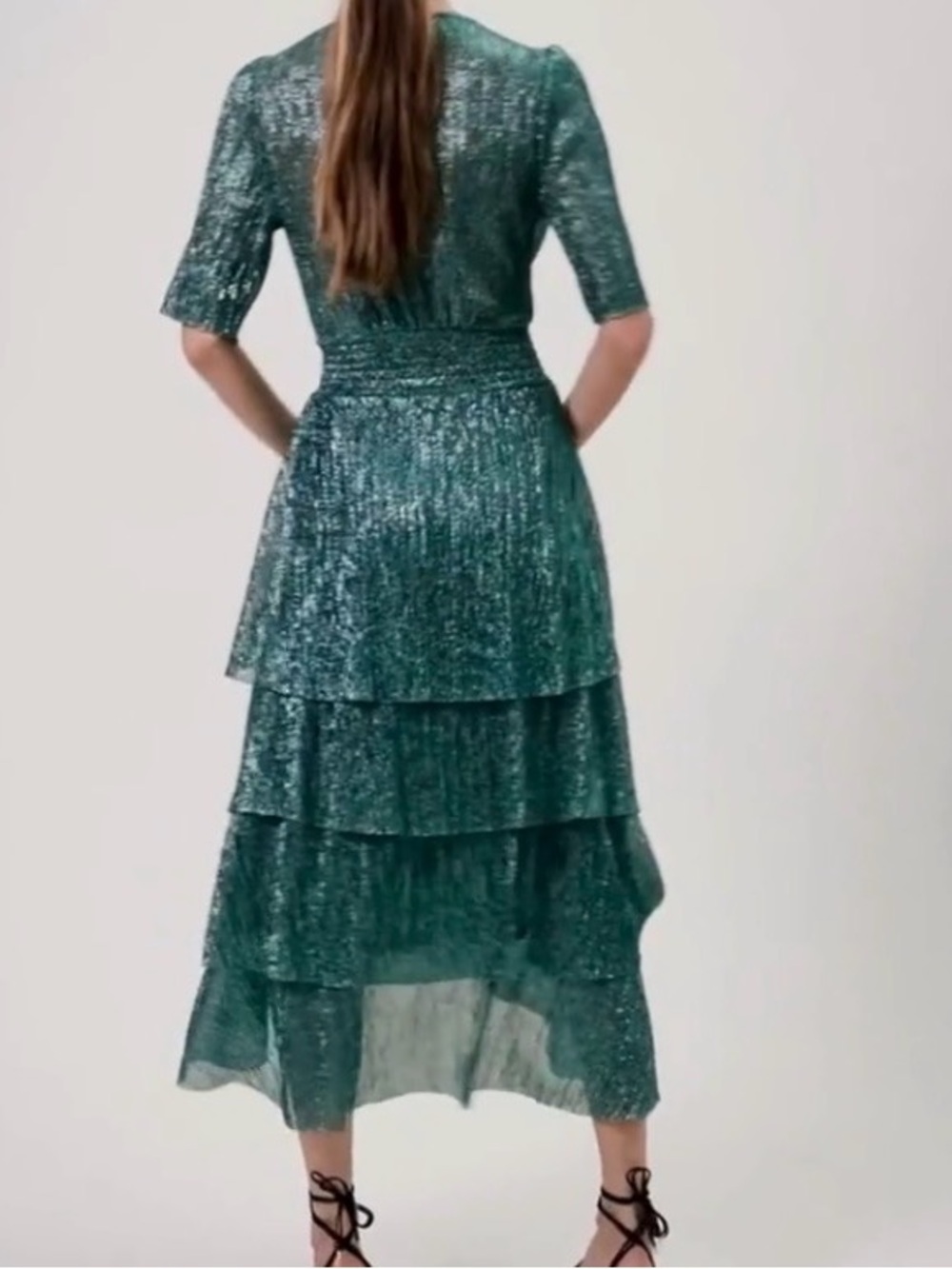 Maje Ruffine Stretch Lurex Metallic Green Ruffle Midi Dress Size 42 - Picture 4 of 14